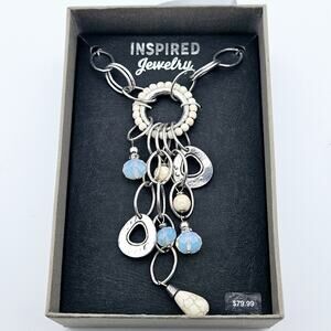 Tear Drop Dangle Pendant Statement Necklace Silver Tone Artsy Hippie Chain New